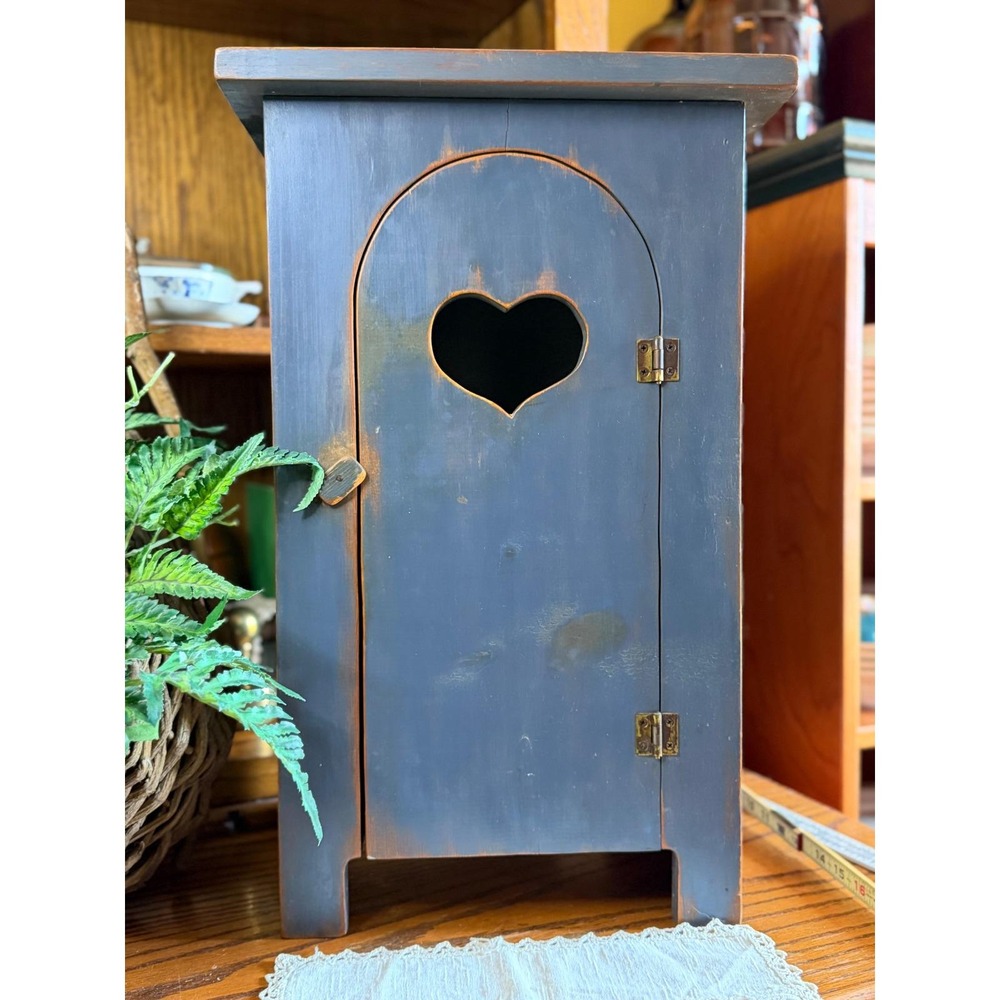 Primitive Blue Wooden Heart Cutout Cabinet Rustic Farmhouse Wall Cupboard 18in